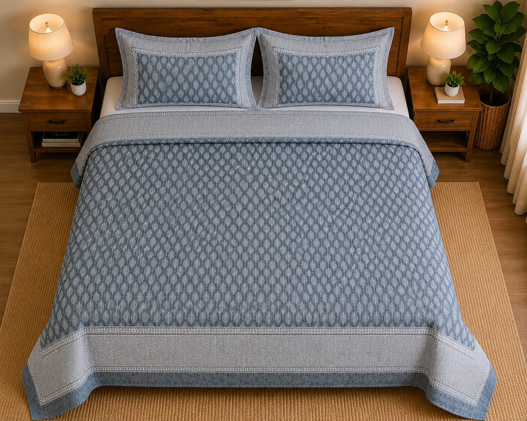 Slate Blue Buti Print Premium Cotton Bedsheet with Bordered 2 Pillow Covers