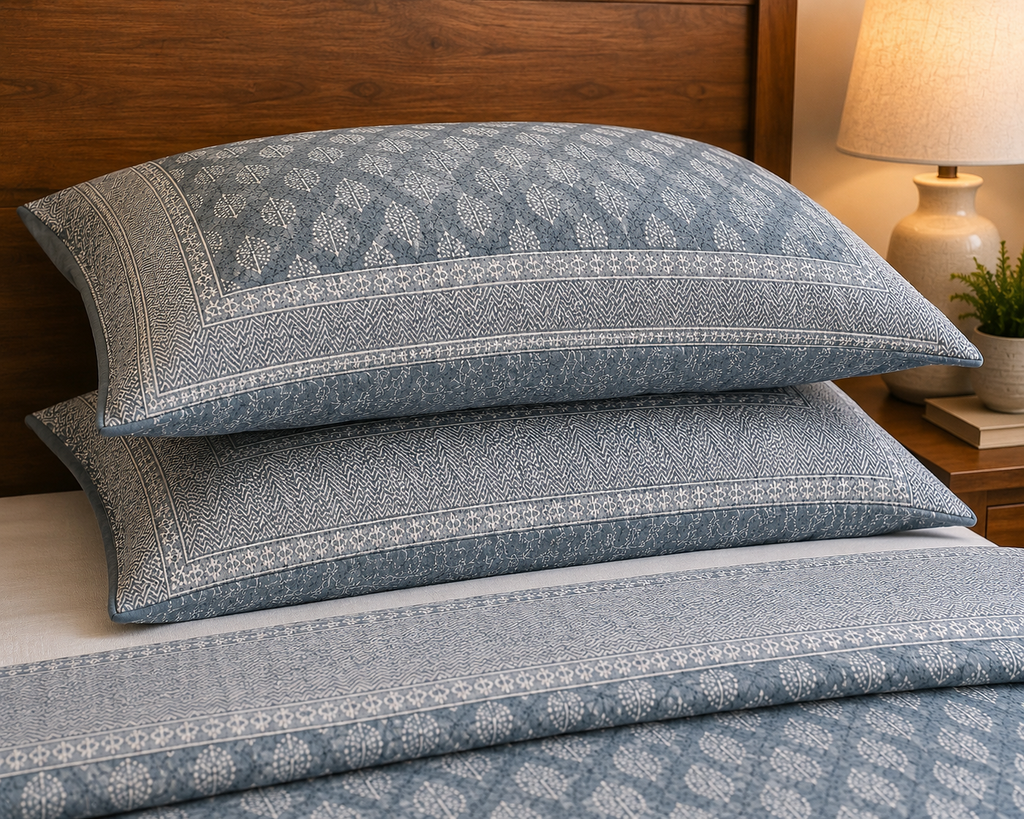 Slate Blue Buti Print Premium Cotton Bedsheet with Bordered 2 Pillow Covers
