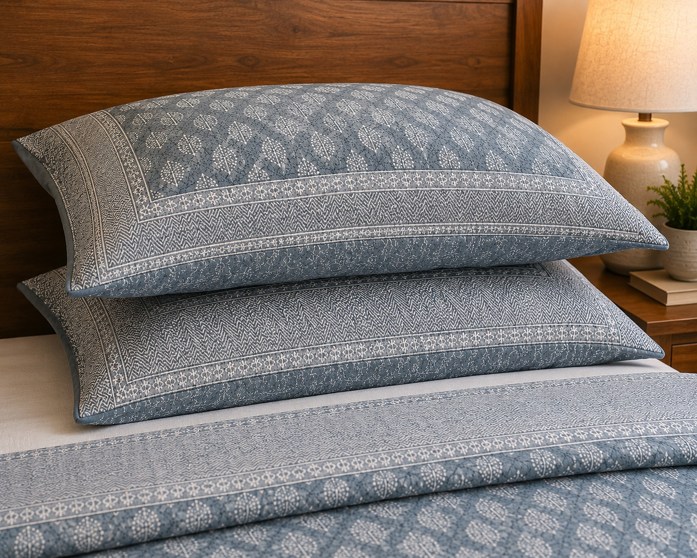 Slate Blue Buti Print Premium Cotton Bedsheet with Bordered 2 Pillow Covers