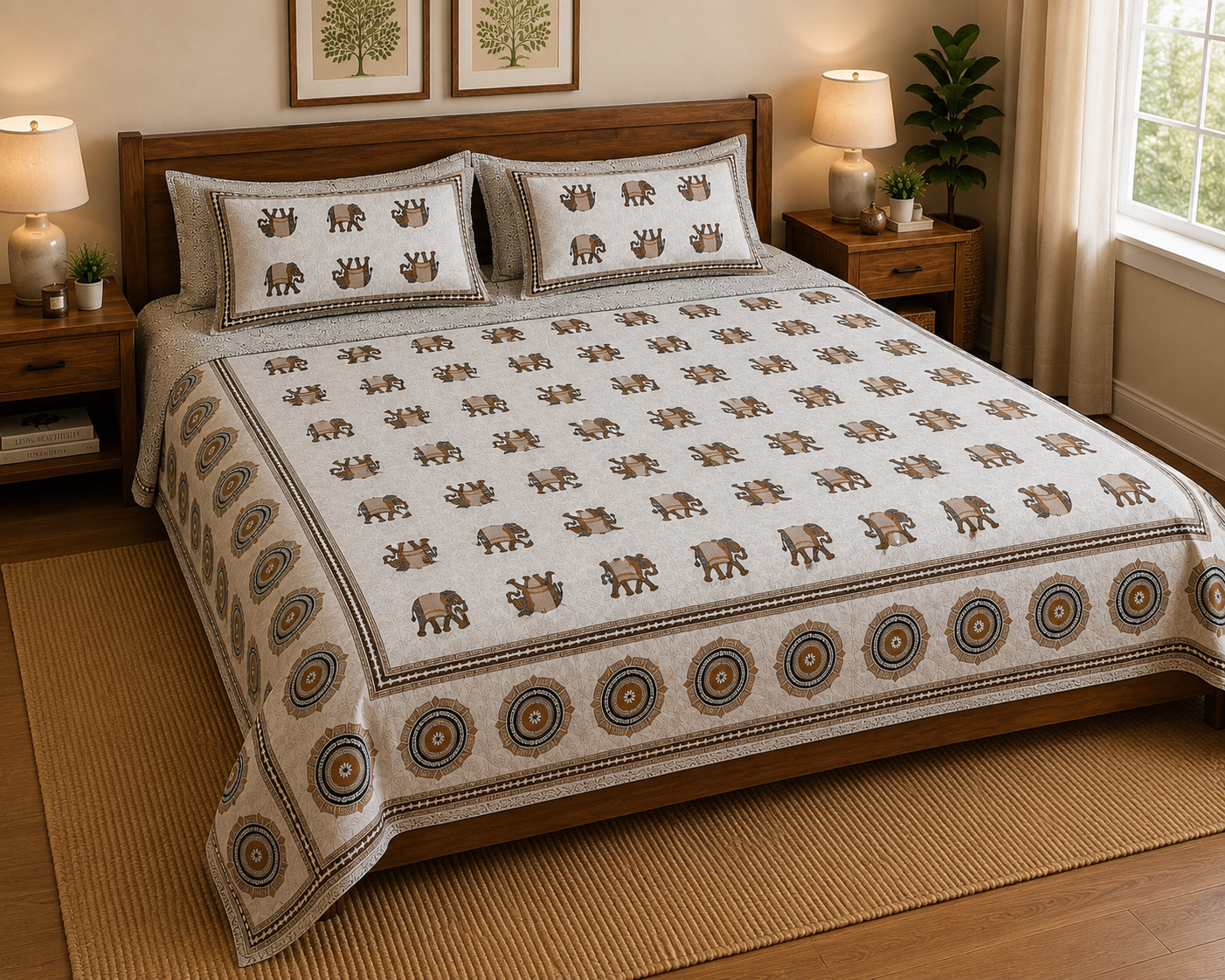 Jaipuri Gaj Booti Bedsheet Set | Ethnic Elephant Print Cotton Bed Sheet with 2 Pillow Covers (108x108 super king size)