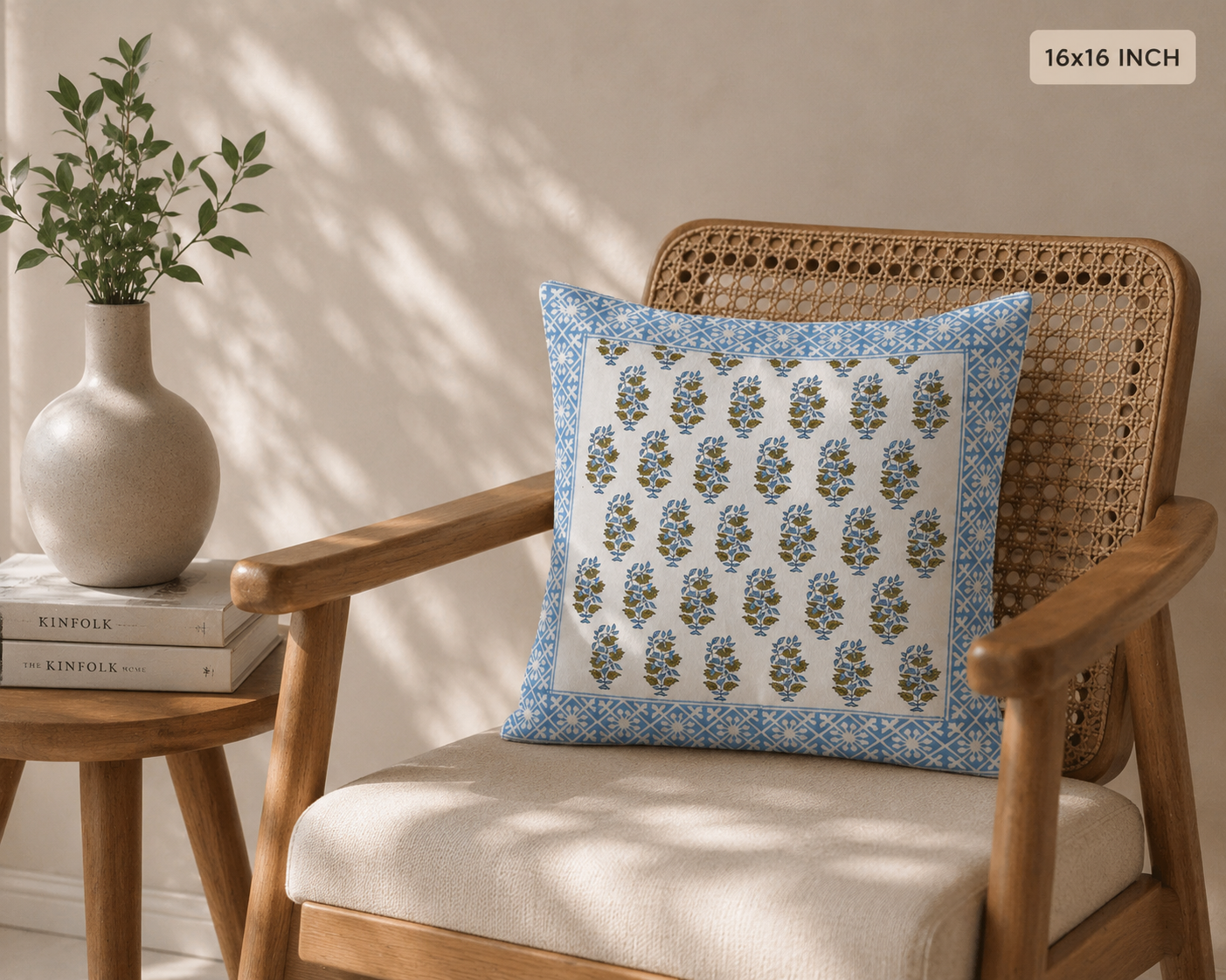 Sky Blue Floral Buti Hand Block Print Cushion Cover – 16x16 Inch | Floral Cotton Pillow Cover | Jaipur Artisan Design