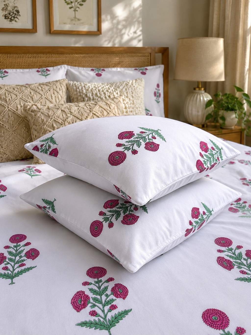 Gulabi Marigold Jaipuri Handblock Print Mulmul Cotton Bedsheet with 2 Pillow Covers (108x108 Super King Size)