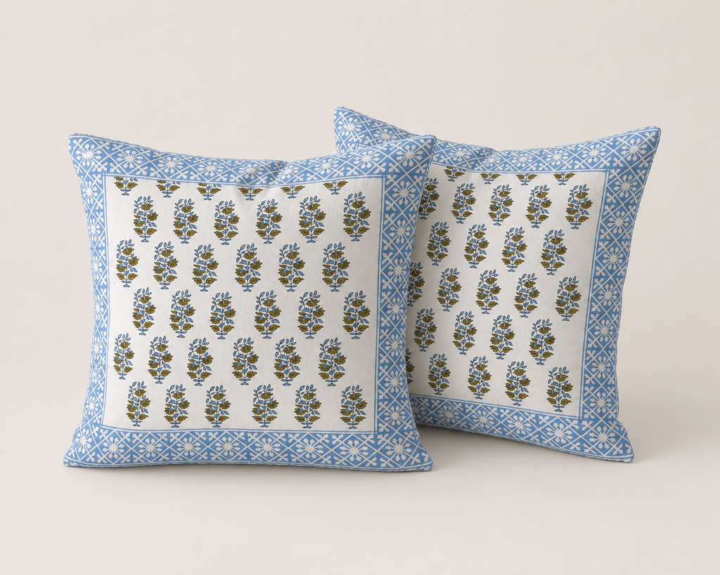 Sky Blue Floral Buti Hand Block Print Cushion Cover – 16x16 Inch | Floral Cotton Pillow Cover | Jaipur Artisan Design