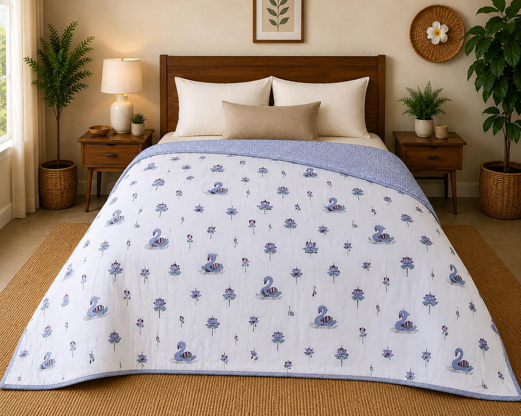 Rajhans Lotus Hand Block Print Reversible Single Bed Dohar | 100% Cotton | Soft Lightweight Quilt