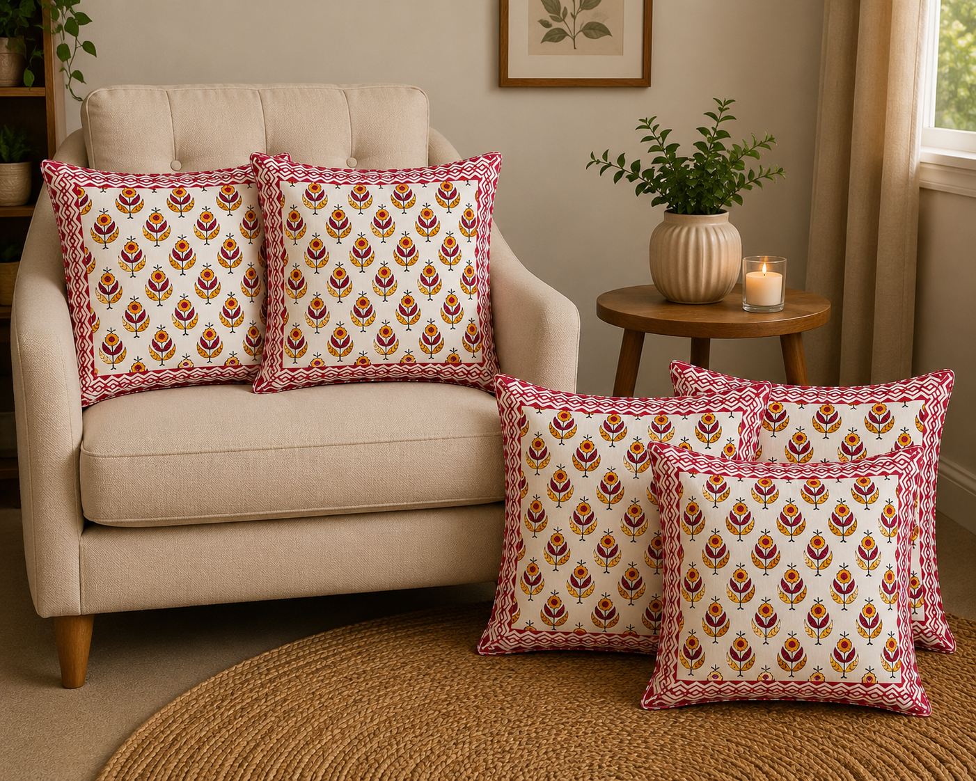 Parijat Hand Block Print Cushion Cover – 16x16 Inch | Floral Cotton Pillow Cover | Jaipur Artisan Design