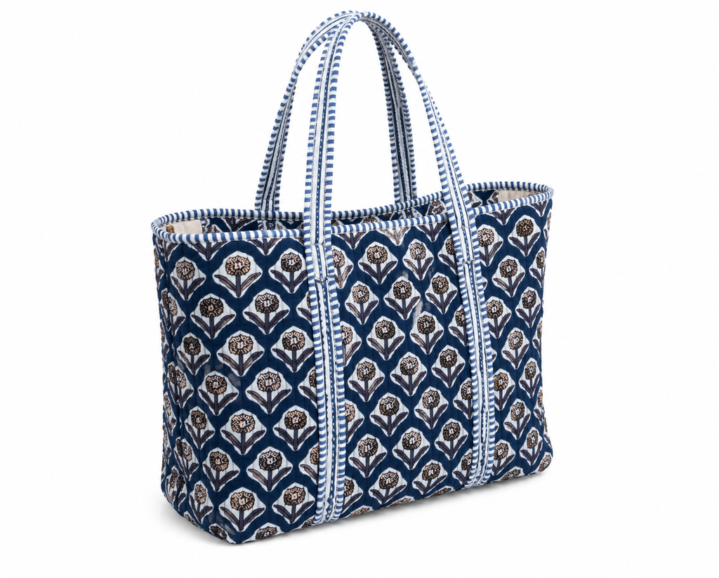Hand Block Print Cotton Tote Bag – Indigo Floral Canvas Tote | Quilted Reusable Shoulder Bag | Handmade Jaipur Tote for Everyday Use