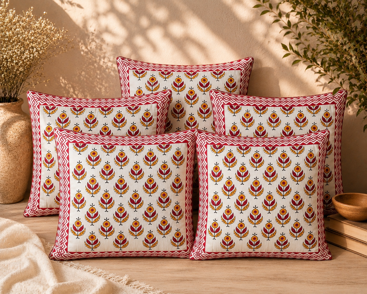 Kesar Baag Hand Block Print Cushion Cover – 16x16 Inch | Floral Cotton Pillow Cover | Jaipur Artisan Design