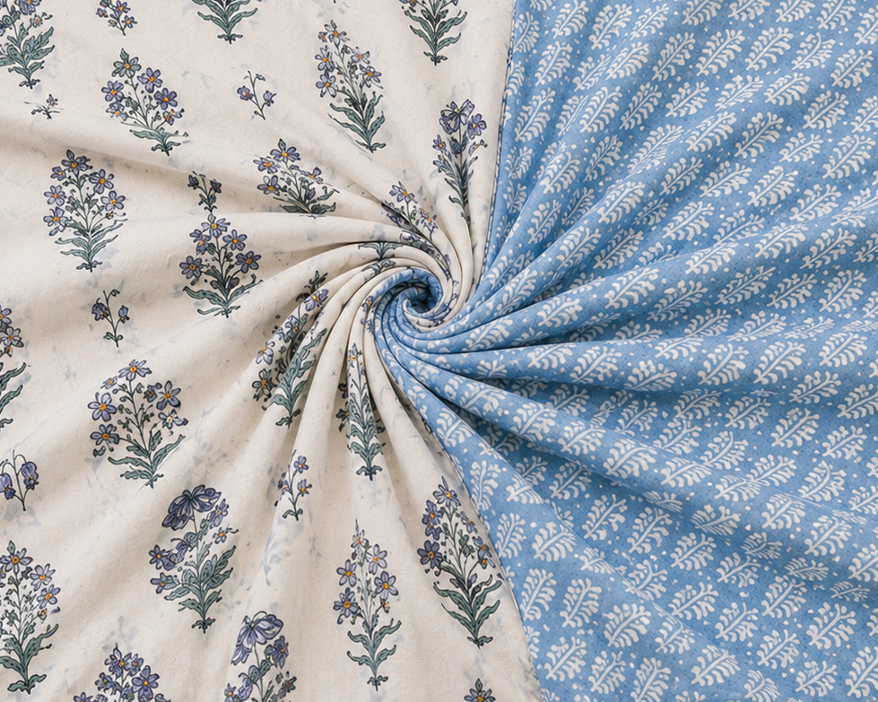 Blue Gulbahar Hand Block Print Reversible Dual Print Single Bed Dohar | 100% Cotton | Soft Lightweight Dohar Quilt