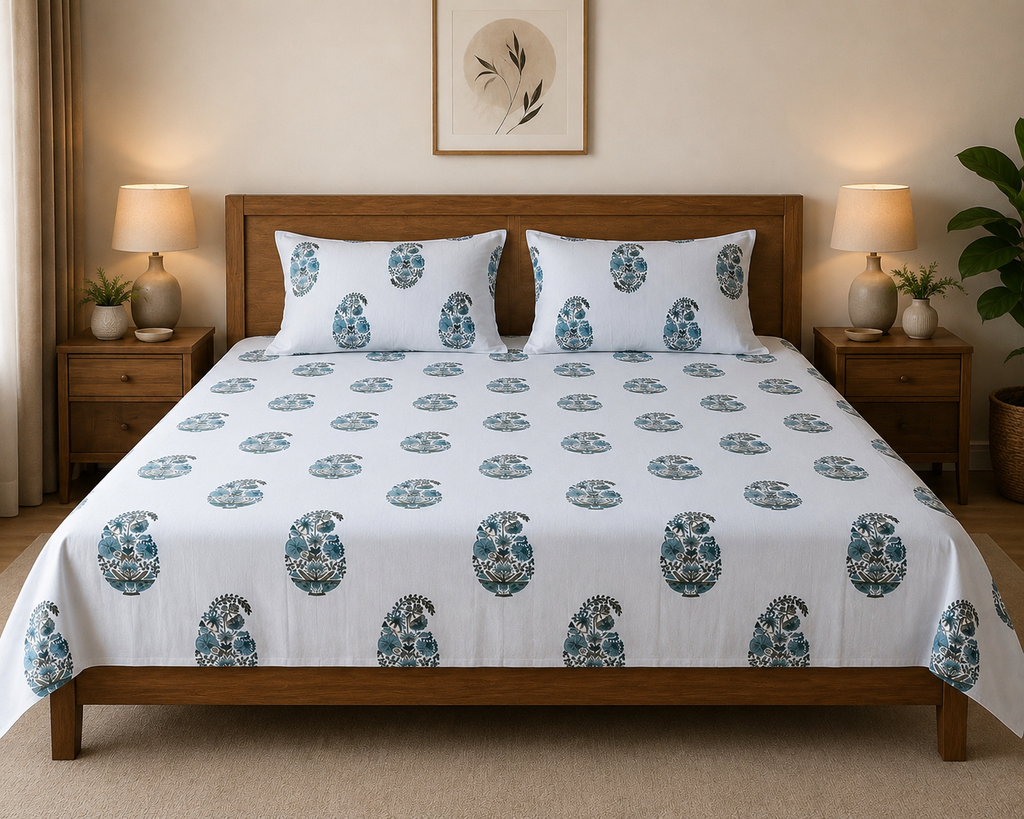 Sham-e-Bahaar Premium Blue & Teal Floral Handblock Print Cotton Bedsheet with 2 Pillow Covers (108x108 Super King Size)