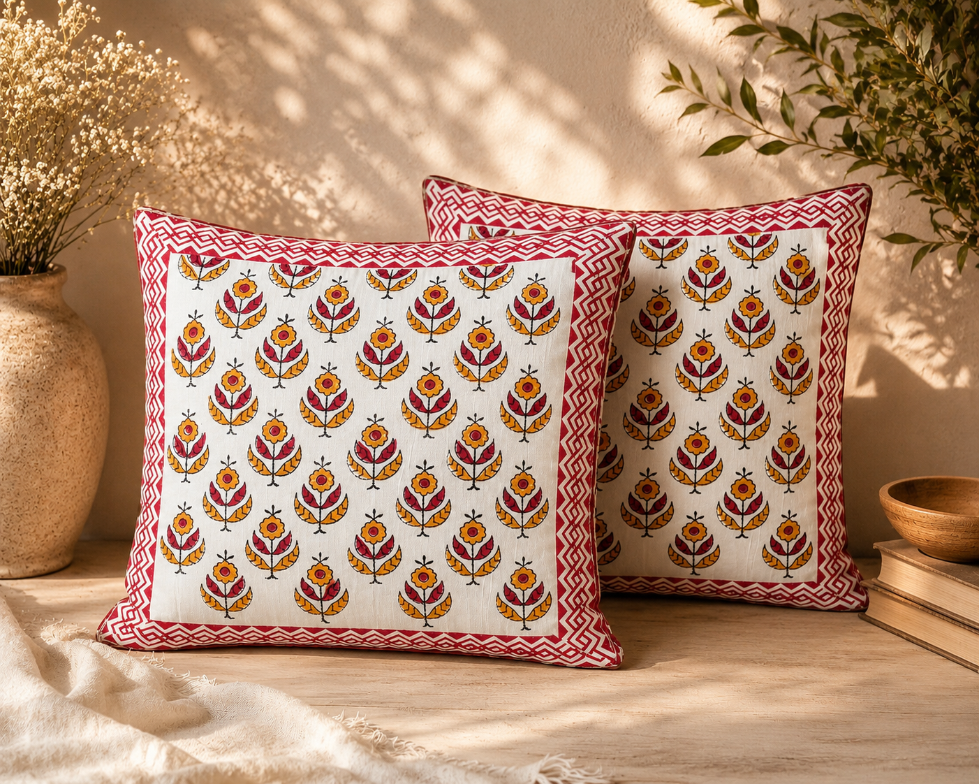 Parijat Hand Block Print Cushion Cover – 16x16 Inch | Floral Cotton Pillow Cover | Jaipur Artisan Design