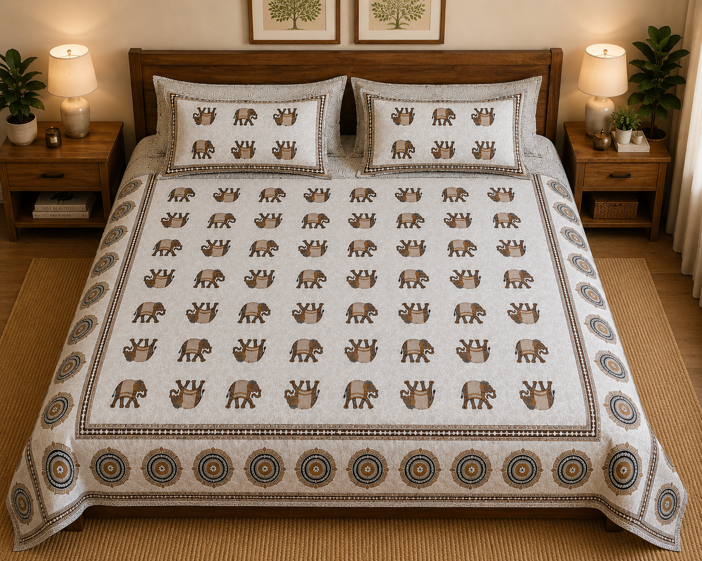 Jaipuri Gaj Booti Bedsheet Set | Ethnic Elephant Print Cotton Bed Sheet with 2 Pillow Covers (108x108 super king size)