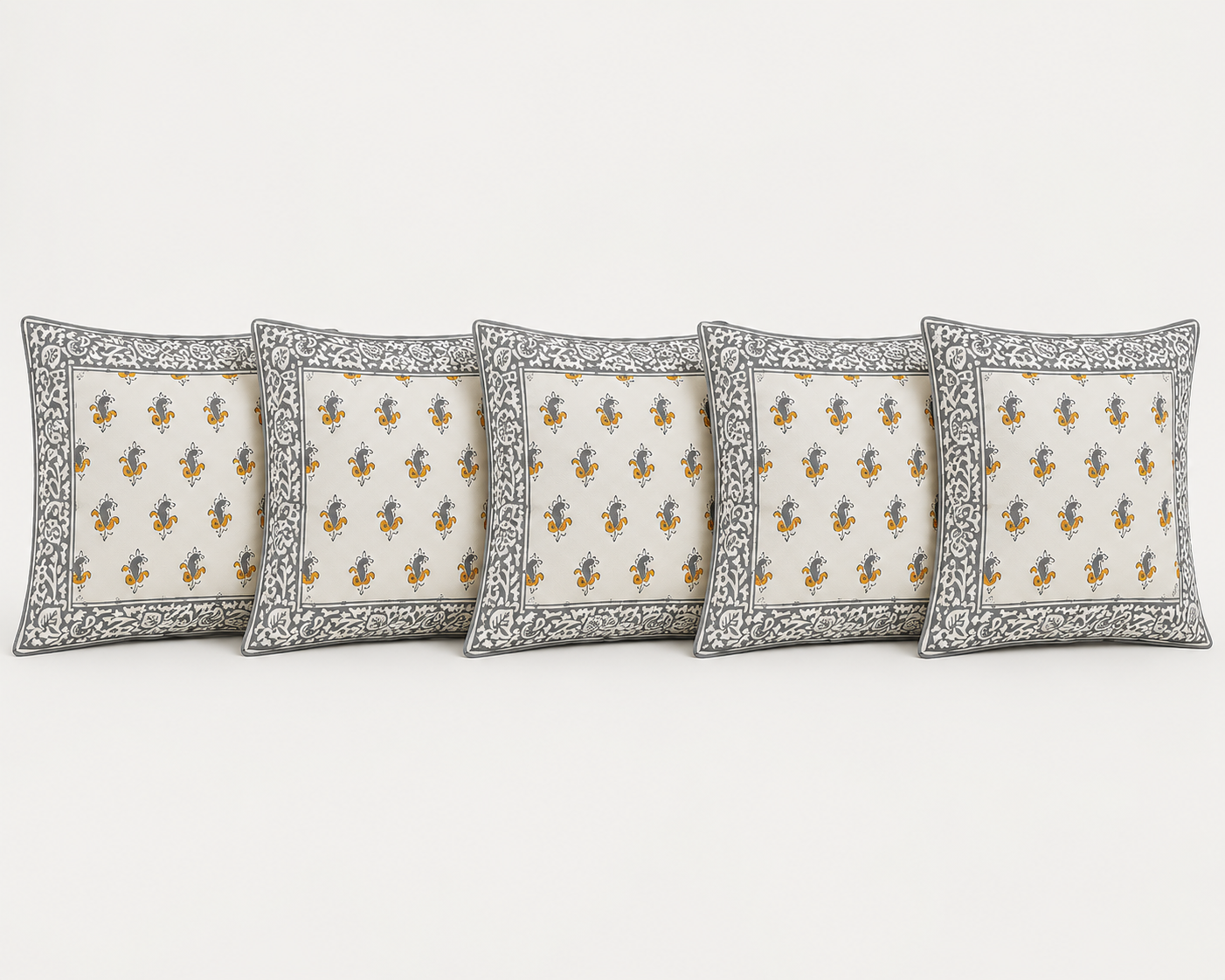 Sanganeri Noor Hand Block Print Cushion Cover 16x16 Inch | Premium Cotton | Grey Floral Border