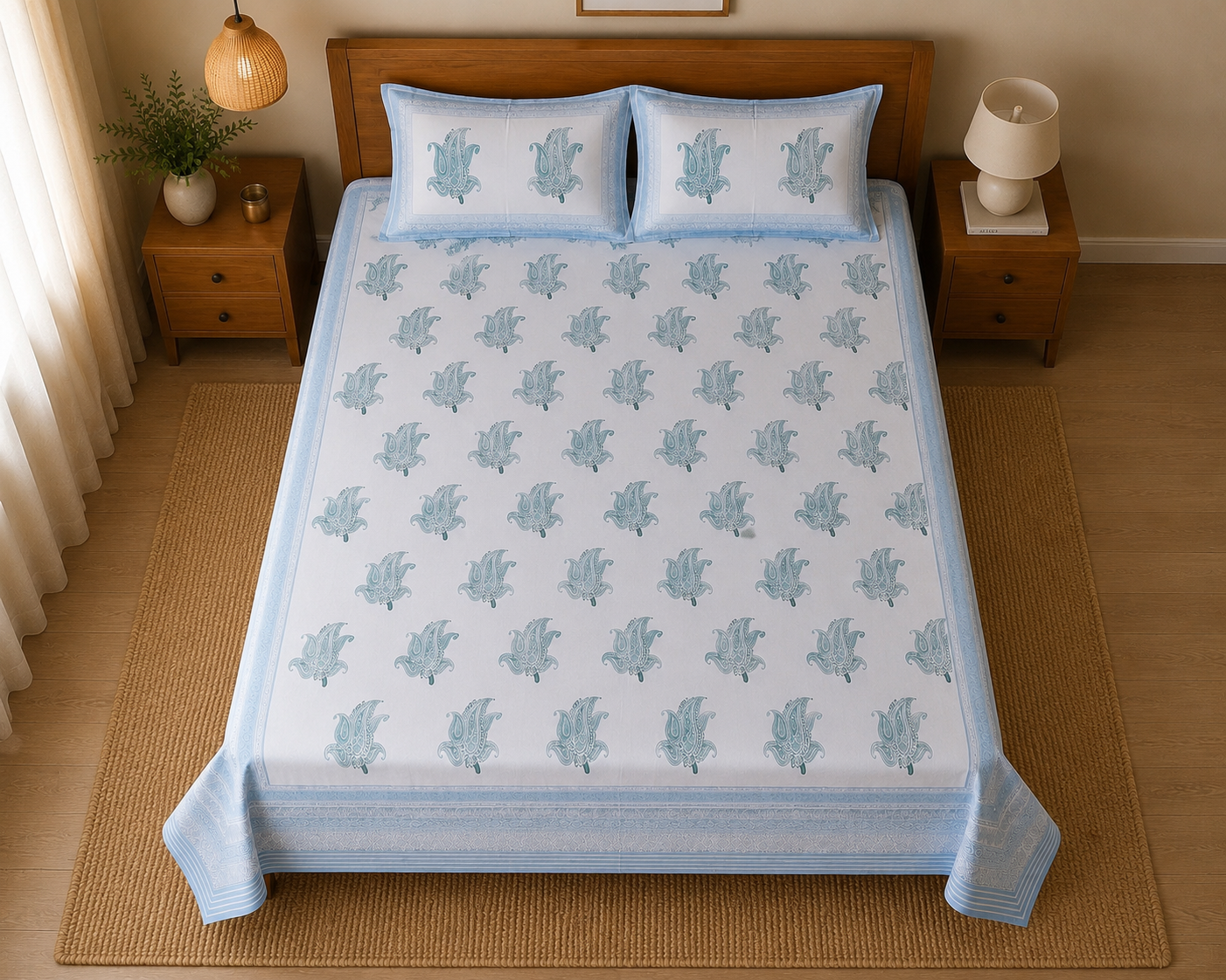 Hand Block Printed 100% Cotton Bedsheet with 2 Pillow Covers | NEEMRANA NEEL | Super King Size (108×108 in)