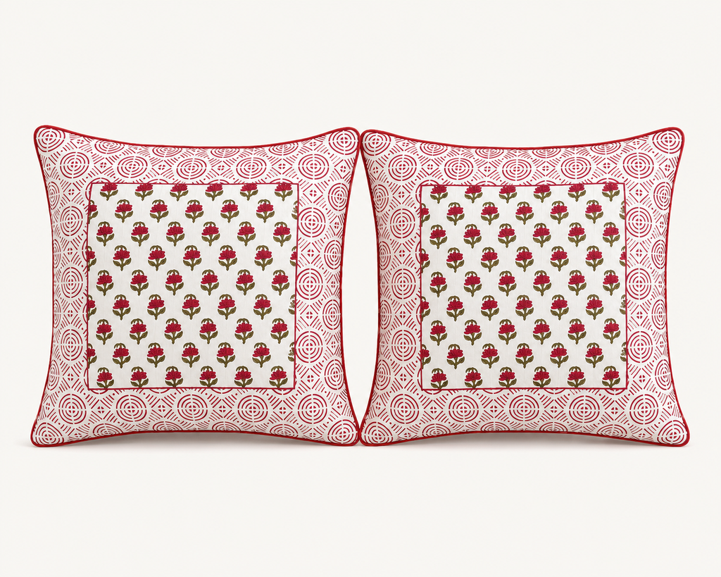 Kesar Baag Hand Block Print Cushion Cover – 16x16 Inch | Floral Cotton Pillow Cover | Jaipur Artisan Design