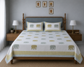 Gajraj Handblock Print Mustard Yellow & Powder Blue Premium Cotton Bedsheet with 2 Pillow Covers (108x108 super king size)