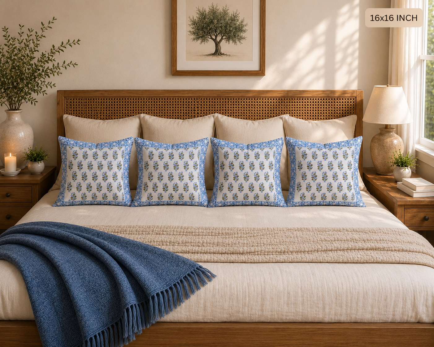 Sky Blue Floral Buti Hand Block Print Cushion Cover – 16x16 Inch | Floral Cotton Pillow Cover | Jaipur Artisan Design