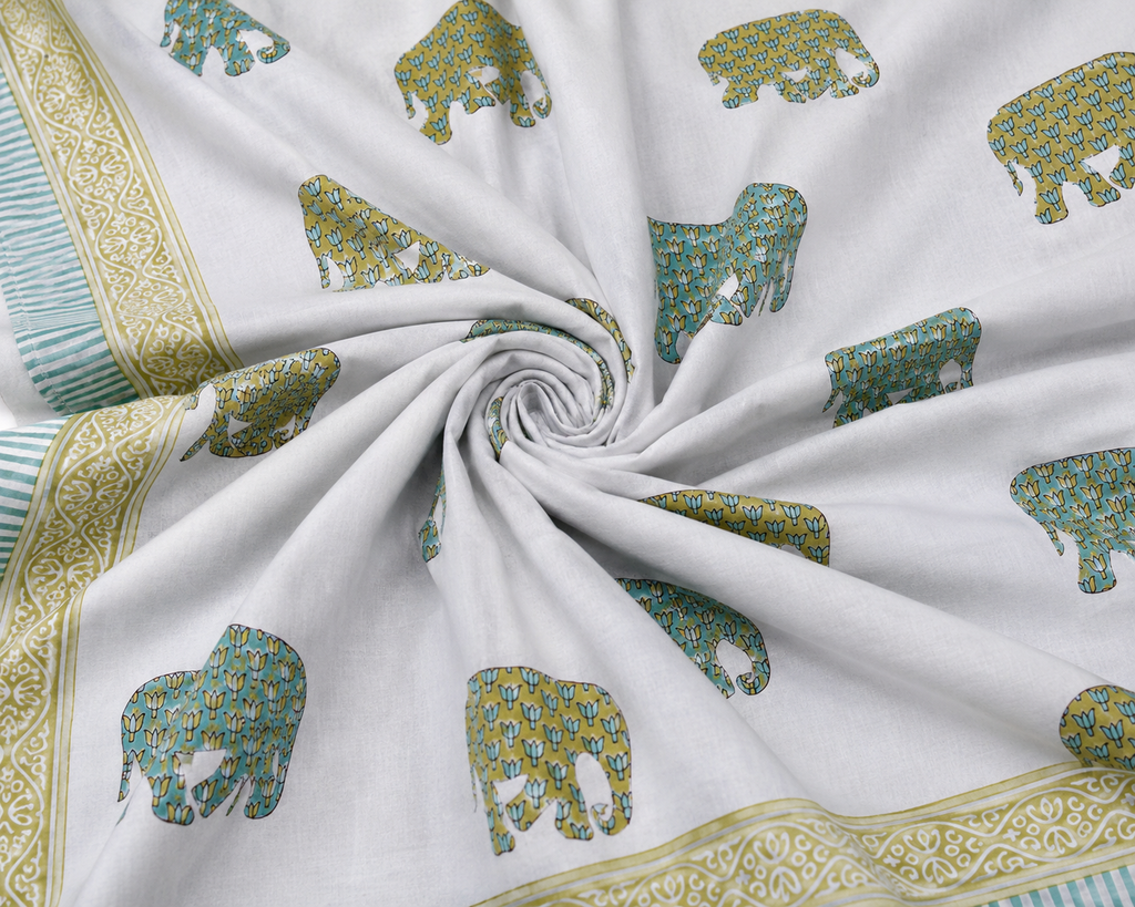 Gajraj Handblock Print Mustard & Sea Green Premium Cotton Bedsheet with 2 Pillow Covers (108x108 super king size)