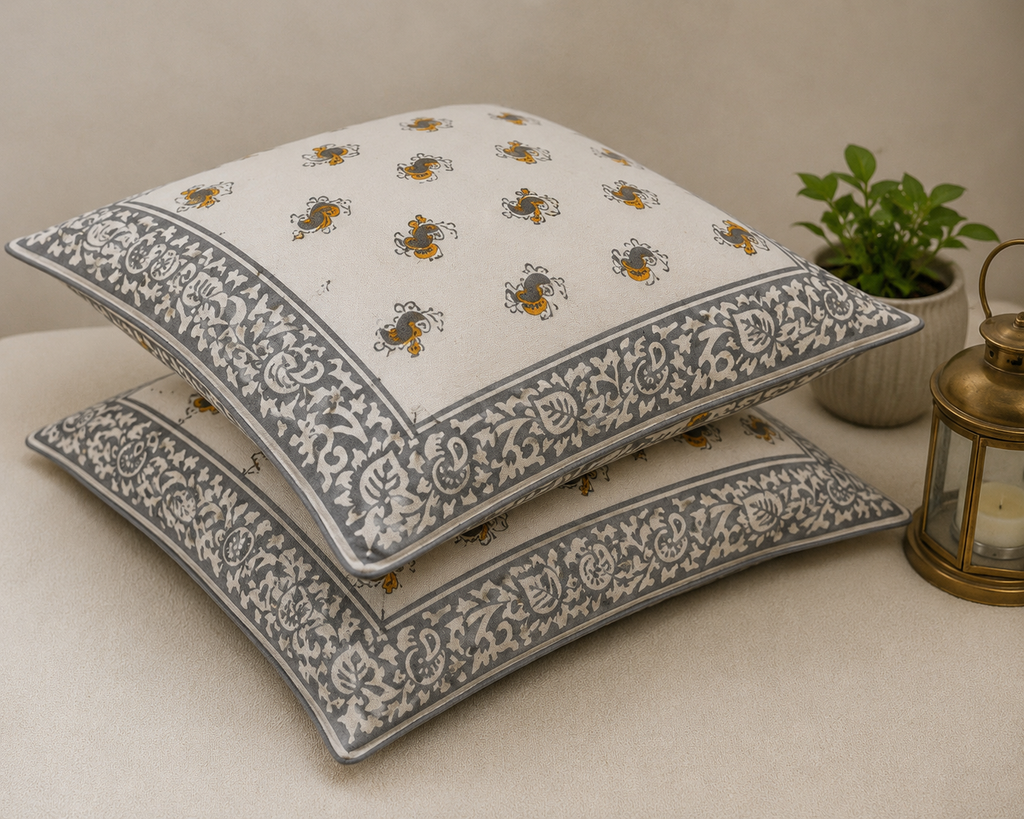 Sanganeri Noor Hand Block Print Cushion Cover 16x16 Inch | Premium Cotton | Grey Floral Border
