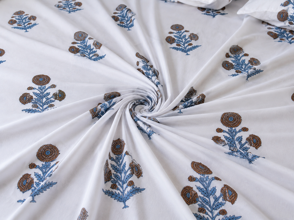 Royal Golden Brown Marigold Jaipuri Handblock Print Mulmul Cotton Bedsheet with 2 Pillow Covers (108x108 Super King Size)