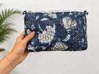 Hand Block Print Quilted Cotton Pouch Set of 3 | Indigo Blue Floral Travel Makeup & Toiletry Organizer