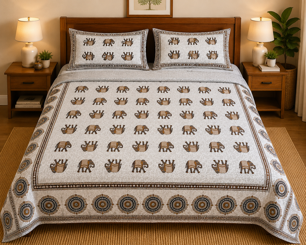 Jaipuri Gaj Booti Bedsheet Set | Ethnic Elephant Print Cotton Bed Sheet with 2 Pillow Covers (108x108 super king size)