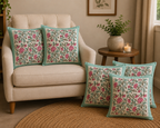 Gulnaar Lotus Hand Block Print Cushion Cover – 16x16 Inch | Floral Cotton Pillow Cover | Jaipur Artisan Design
