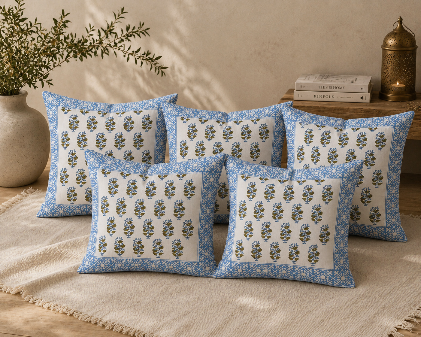 Sky Blue Floral Buti Hand Block Print Cushion Cover – 16x16 Inch | Floral Cotton Pillow Cover | Jaipur Artisan Design