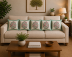 Lotus Floral Jaal Design - Hand Block Print Cotton Cushion Cover 16x16 Inch | Handmade Jaipur Pillow Cover | Aqua Green Border