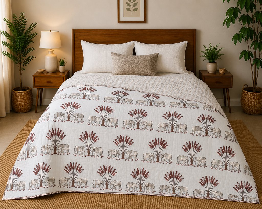 Gaj Vatika Hand Block Print Reversible Single Bed Dohar | 100% Cotton | Soft Lightweight Quilt