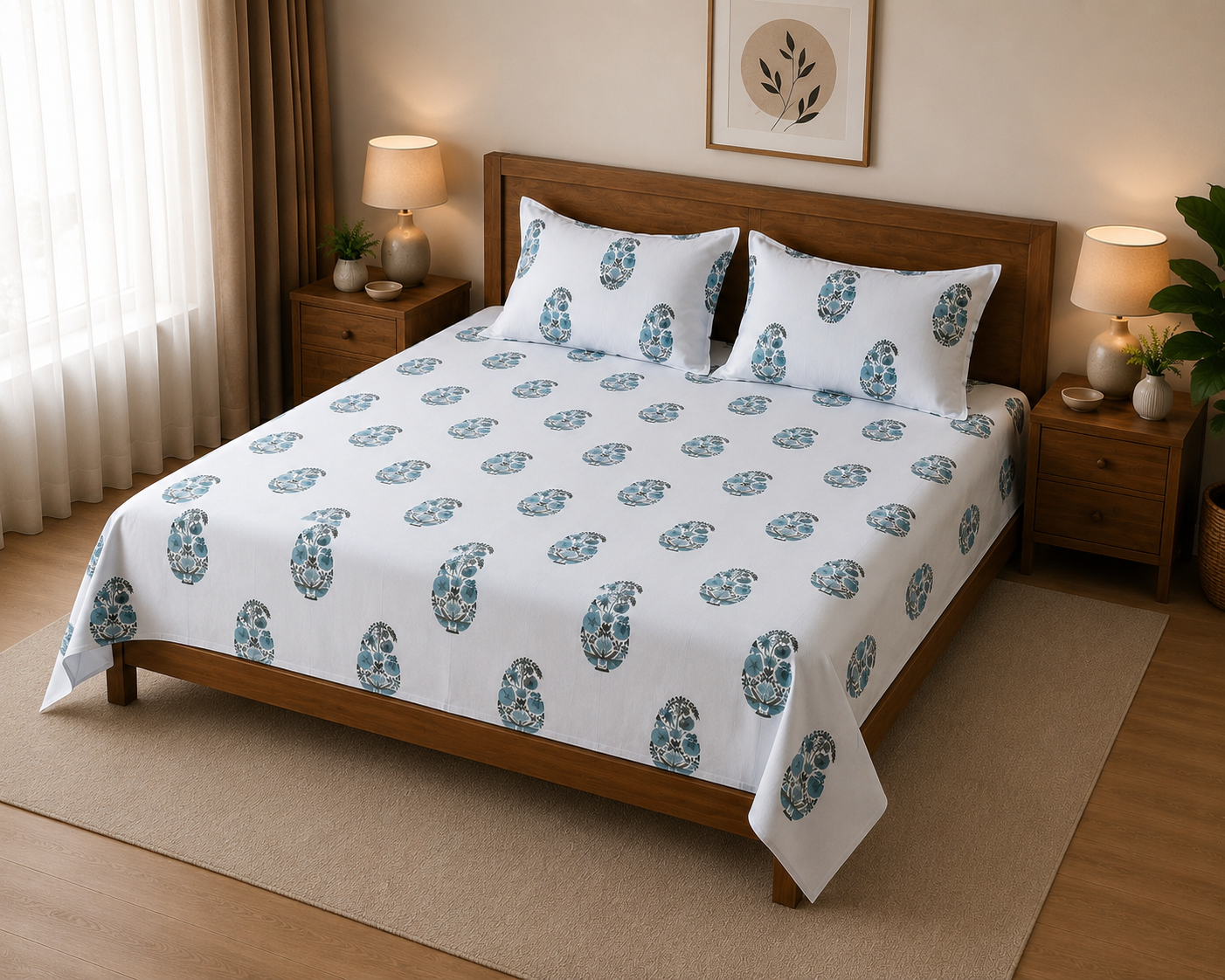 Sham-e-Bahaar Premium Blue & Teal Floral Handblock Print Cotton Bedsheet with 2 Pillow Covers (108x108 Super King Size)