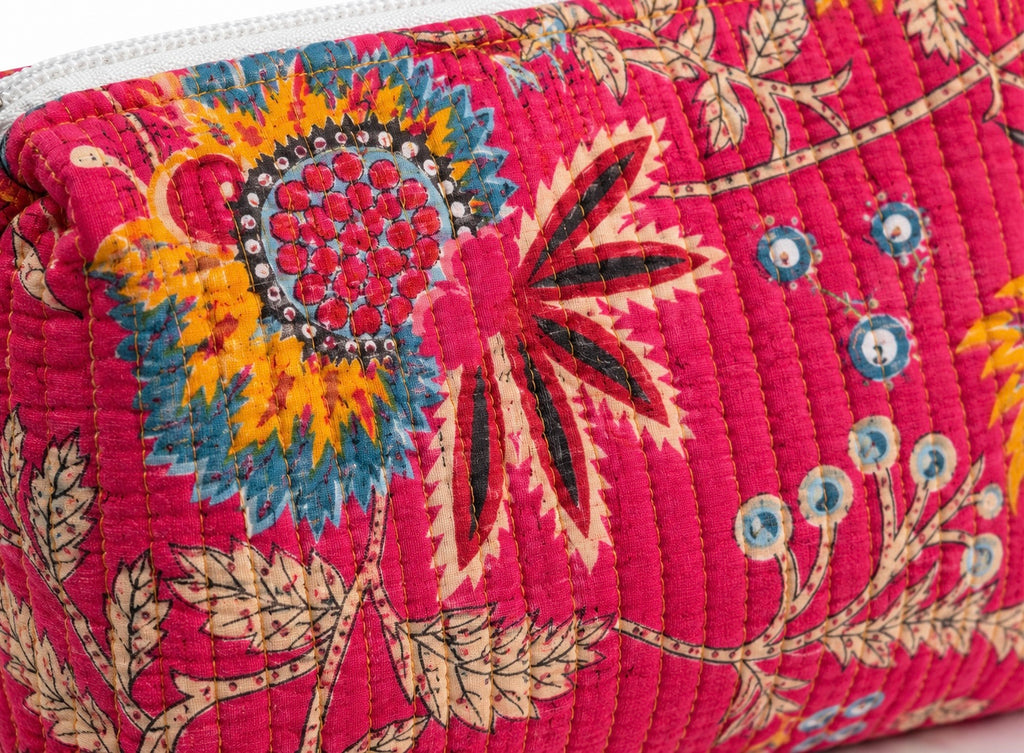 Hand Block Print Quilted Cotton Pouch Set of 3 | Gulmohar Pink Floral Travel Makeup & Toiletry Organizer