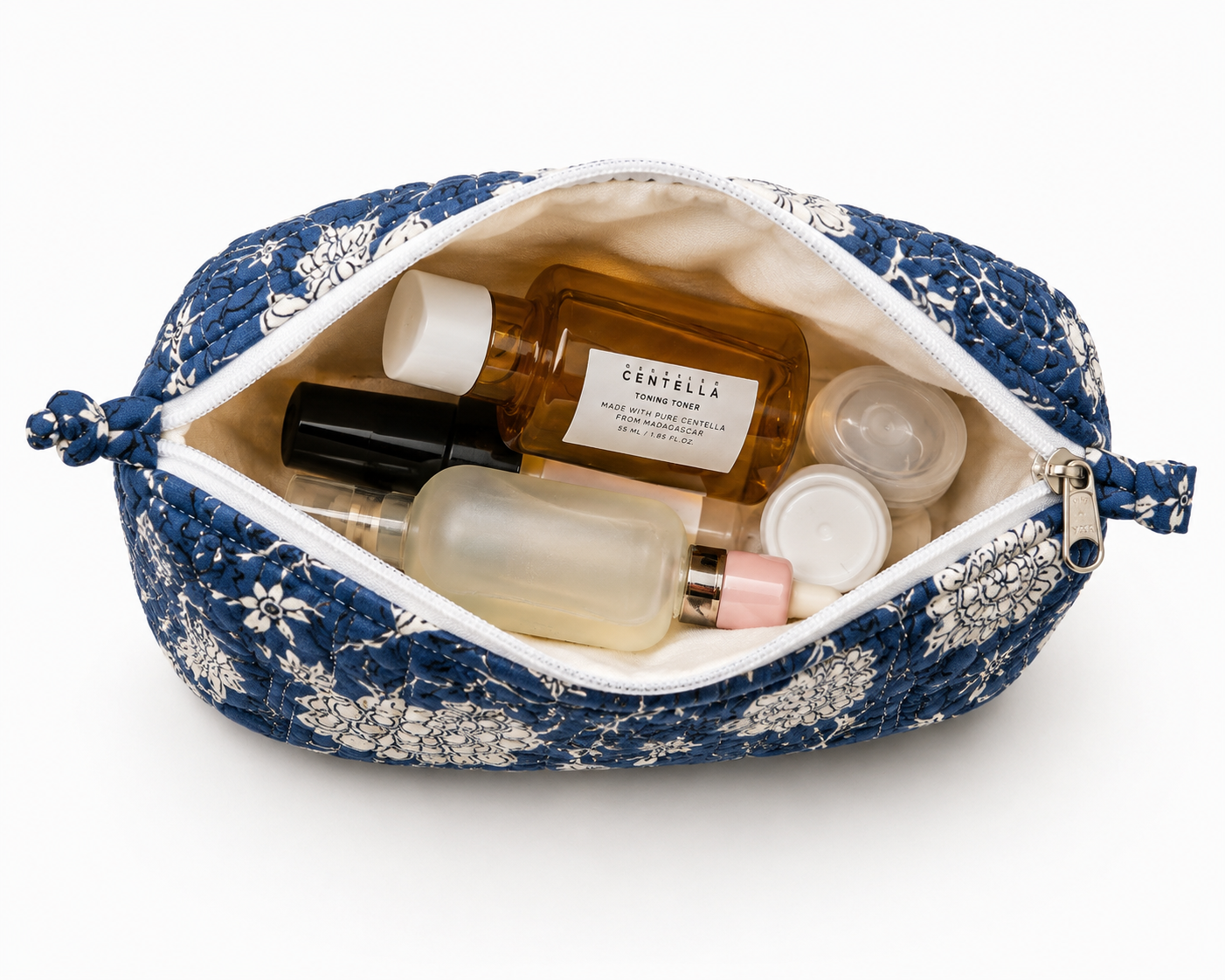 Hand Block Print Quilted Cotton Pouch Set of 3 | Indigo Blue Floral Travel Makeup & Toiletry Organizer