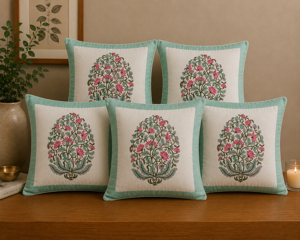 Lotus Floral Jaal Design - Hand Block Print Cotton Cushion Cover 16x16 Inch | Handmade Jaipur Pillow Cover | Aqua Green Border