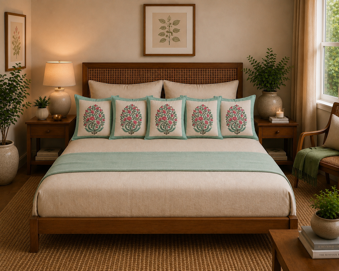 Lotus Floral Jaal Design - Hand Block Print Cotton Cushion Cover 16x16 Inch | Handmade Jaipur Pillow Cover | Aqua Green Border