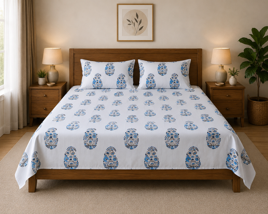 Sham-e-Bahaar Premium Aqua Blue Floral Handblock Print Cotton Bedsheet with 2 Pillow Covers (108x108 Super King Size)