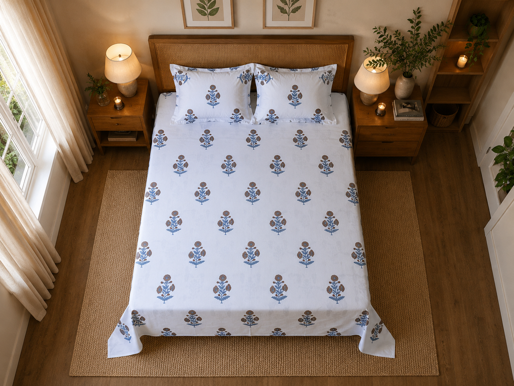 Royal Golden Brown Marigold Jaipuri Handblock Print Mulmul Cotton Bedsheet with 2 Pillow Covers (108x108 Super King Size)