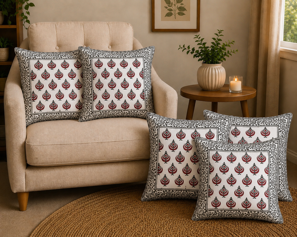 Anaar Bagh Hand Block Print Cushion Cover – 16x16 Inch | Floral Cotton Pillow Cover | Jaipur Artisan Design