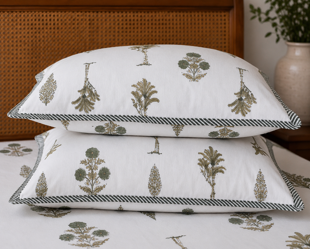 Vrindavan Vriksha Booti Cotton Bedsheet with 2 Pillow Covers | Premium Jaipuri Floral Print |(108x108 super king size)
